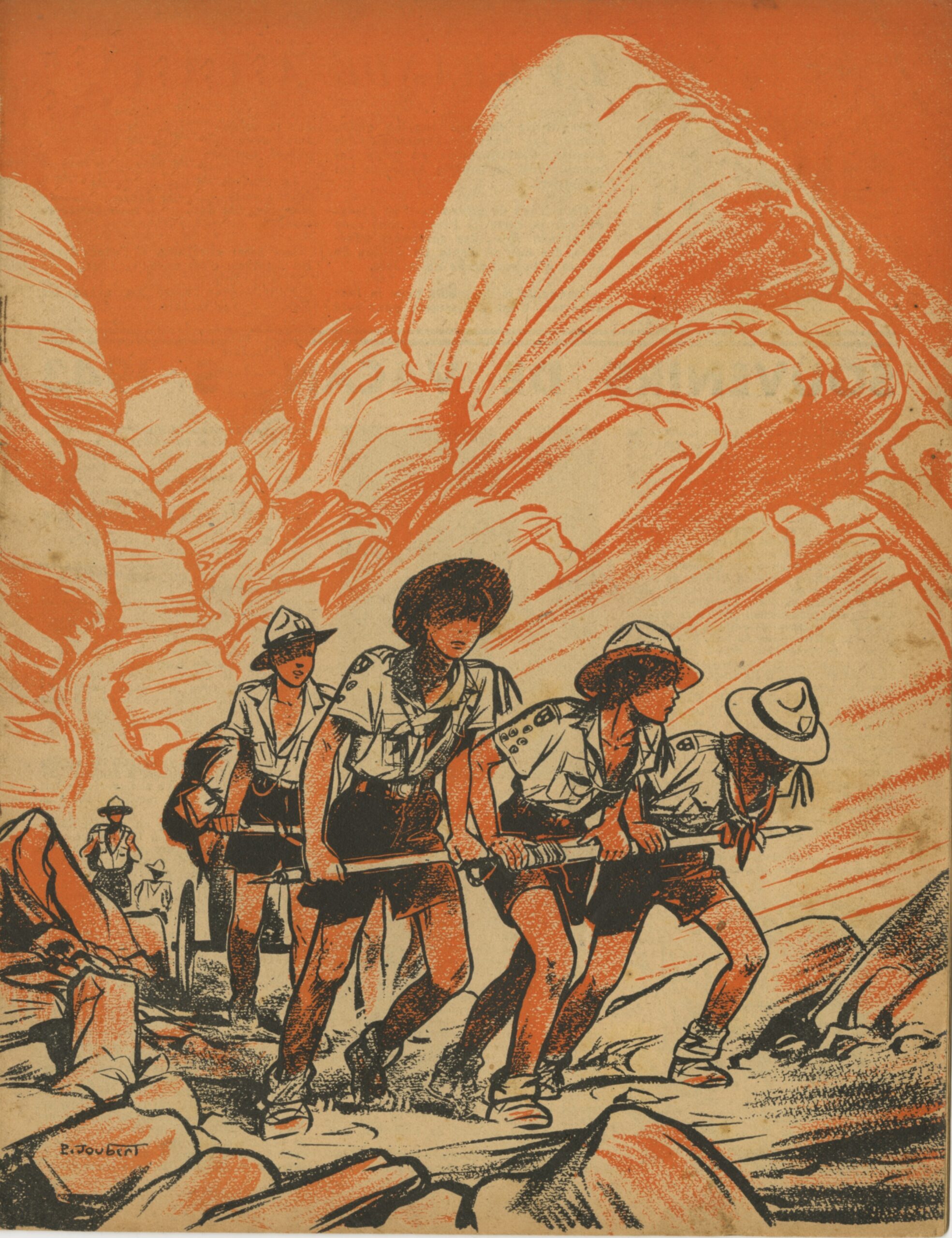Patrouille tirant charrette dans la montagne : couv SCOUT 233 de 1948